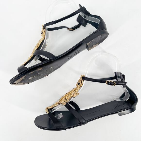 Giuseppe Zanotti Black Leather Gold Crocodile Embellished Flat Sandals IT 37.5 - Picture 5 of 13